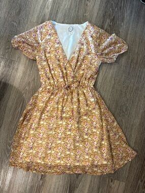 Yellow Floral Wrap Mini Dress